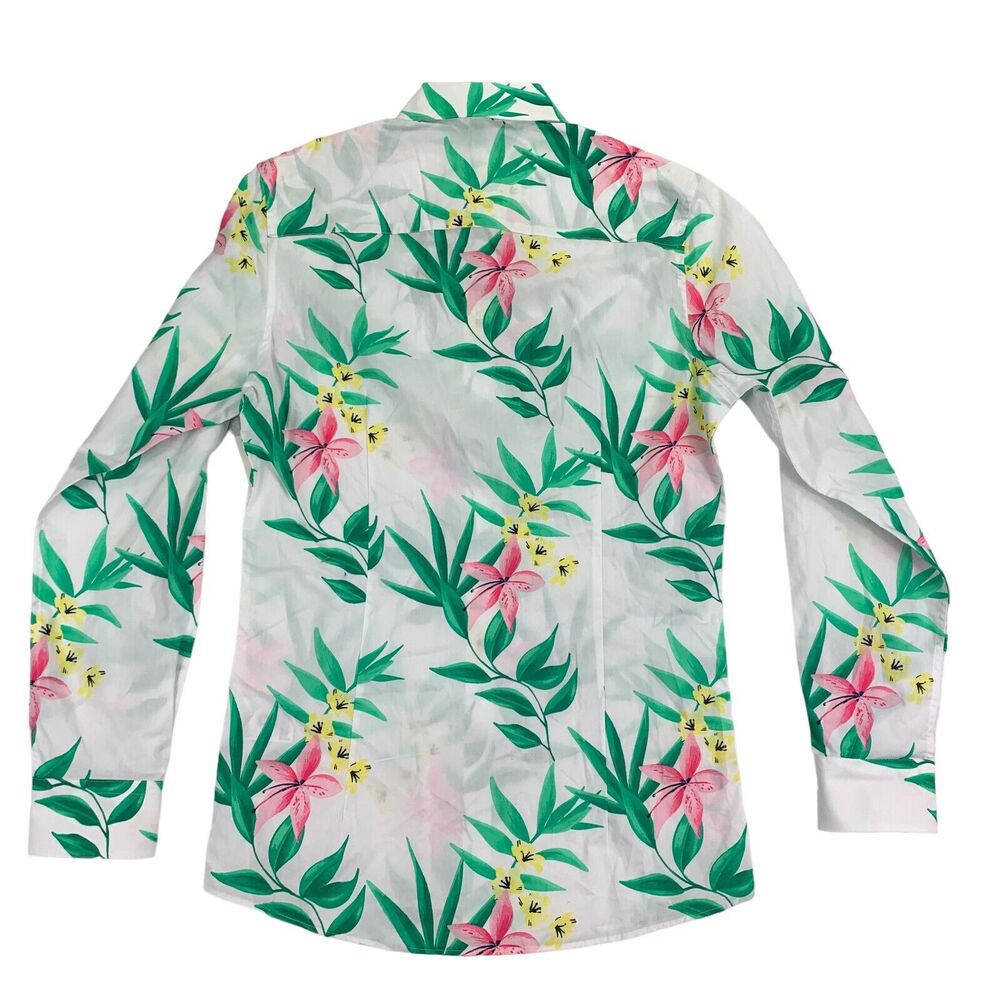 Bar III Mens Slim Fit Stretch Tropical Print Dress Shirt White Green S 14-14.5 - Picture 4 of 4